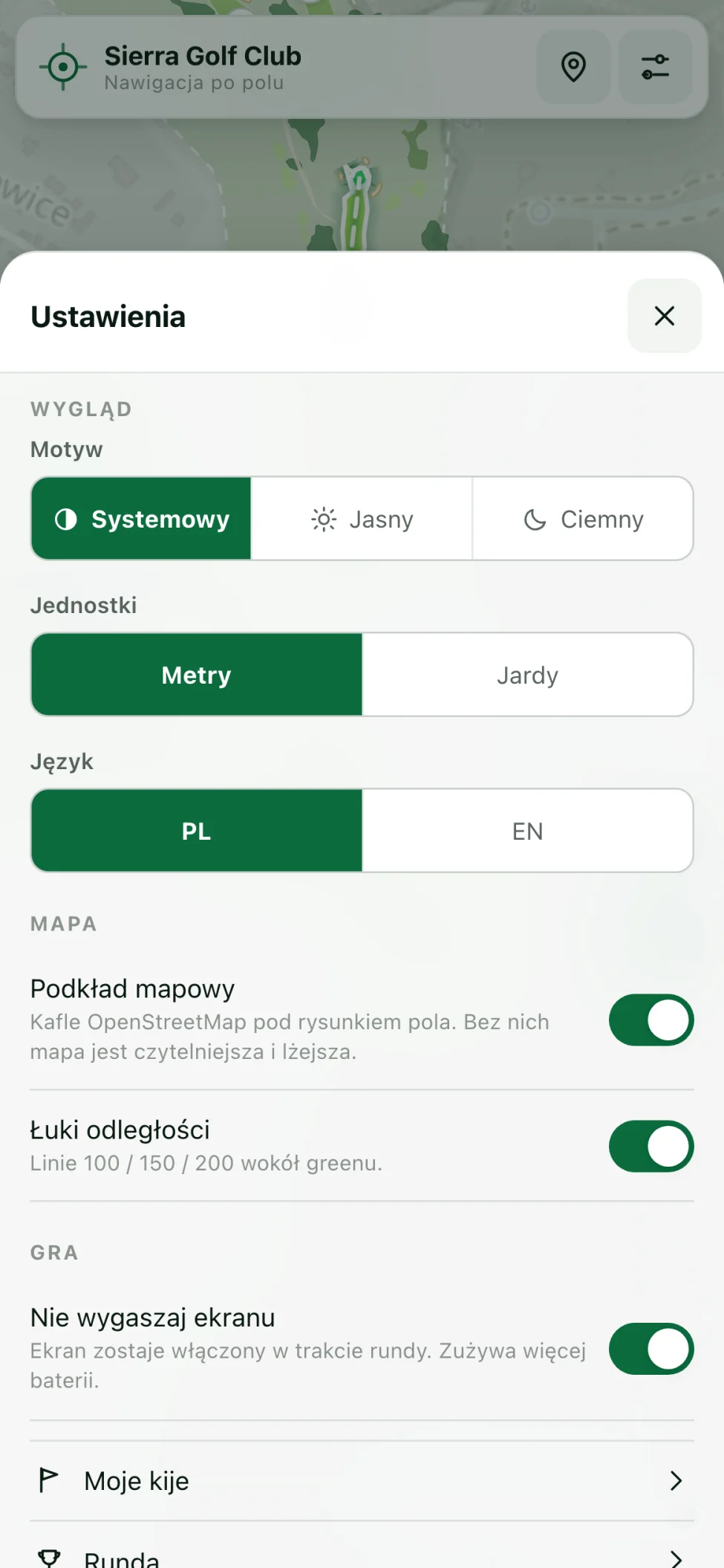 Panel ustawień: motyw, jednostki, mapa i gra