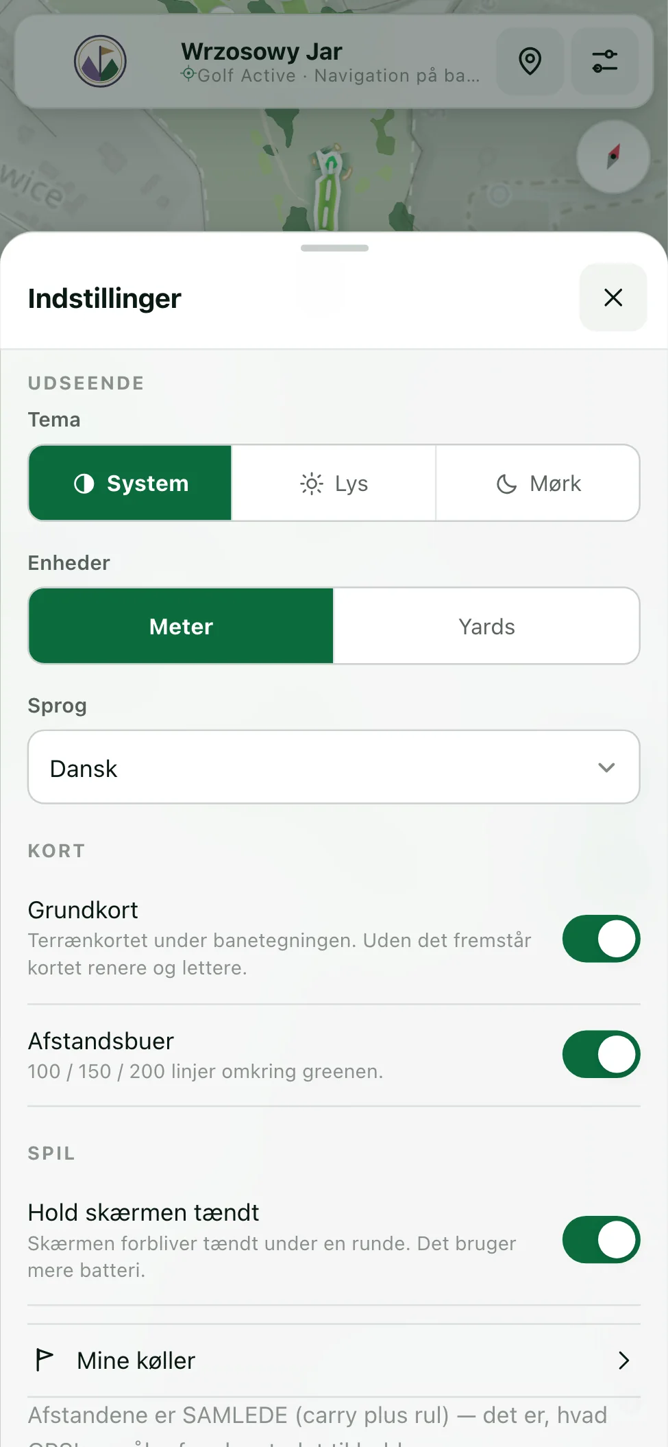 Indstillingspanel: tema, enheder, kort og spil