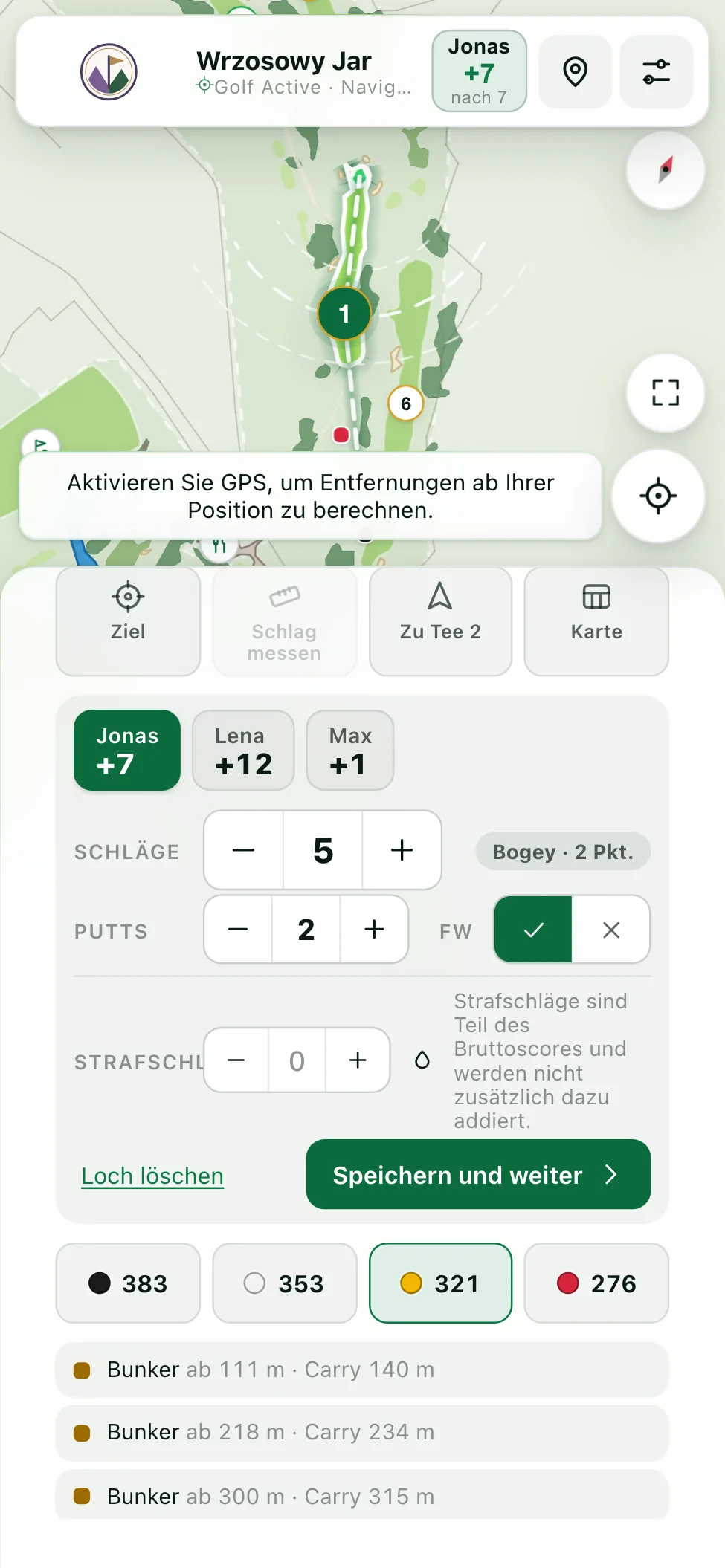 Runden-Scorecard für vier Spieler: Reiterleiste mit Namen und Par-Differenz über der Ergebniseingabe