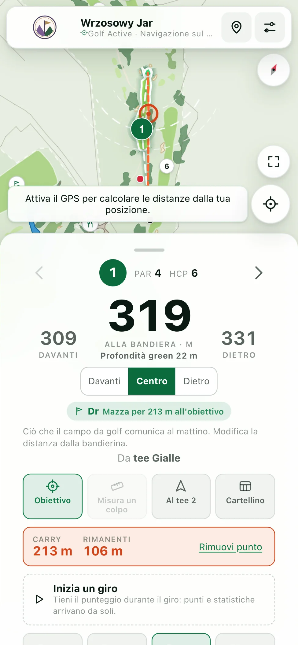 Schermata di pianificazione del colpo con punto di mira