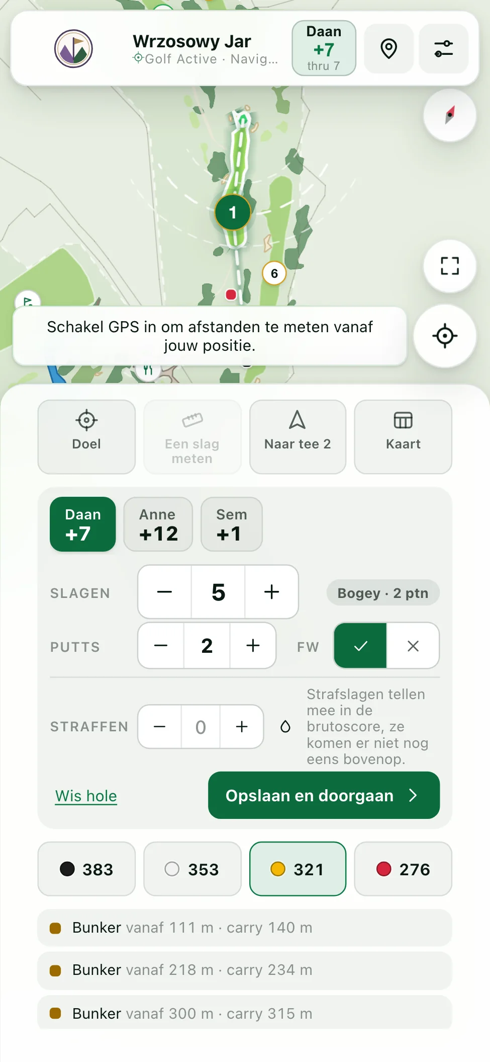 Scorekaart voor vier spelers: tabbladbalk met namen en score ten opzichte van par boven de scoreinvoer