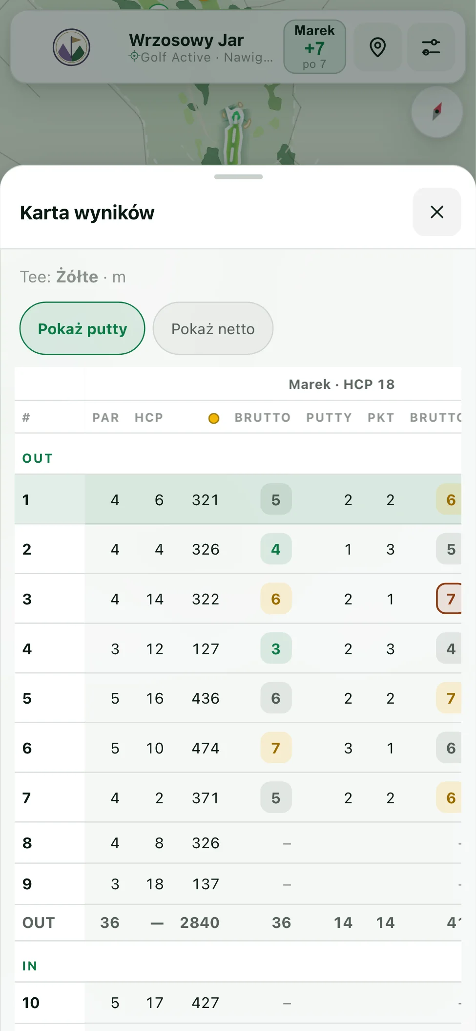 Karta wyników z parami i handicapami
