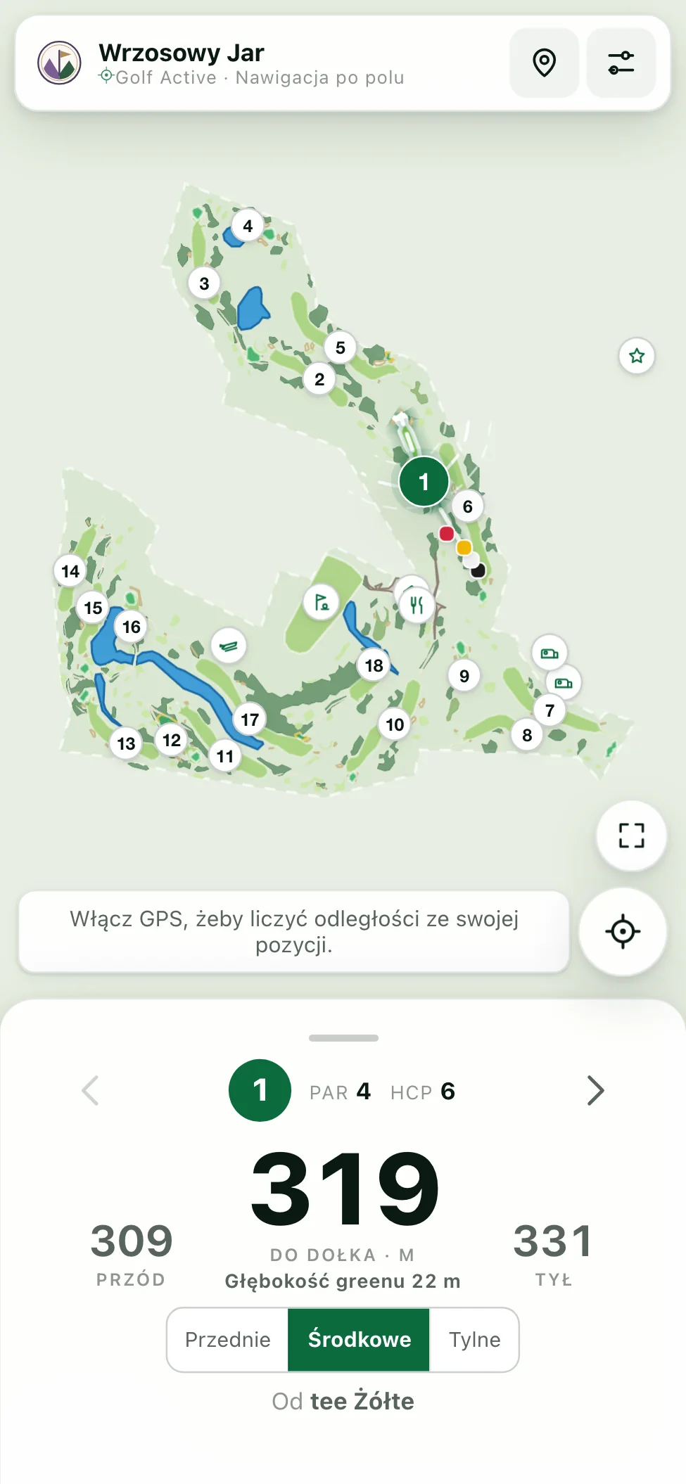 Widok całego pola z 18 dołkami