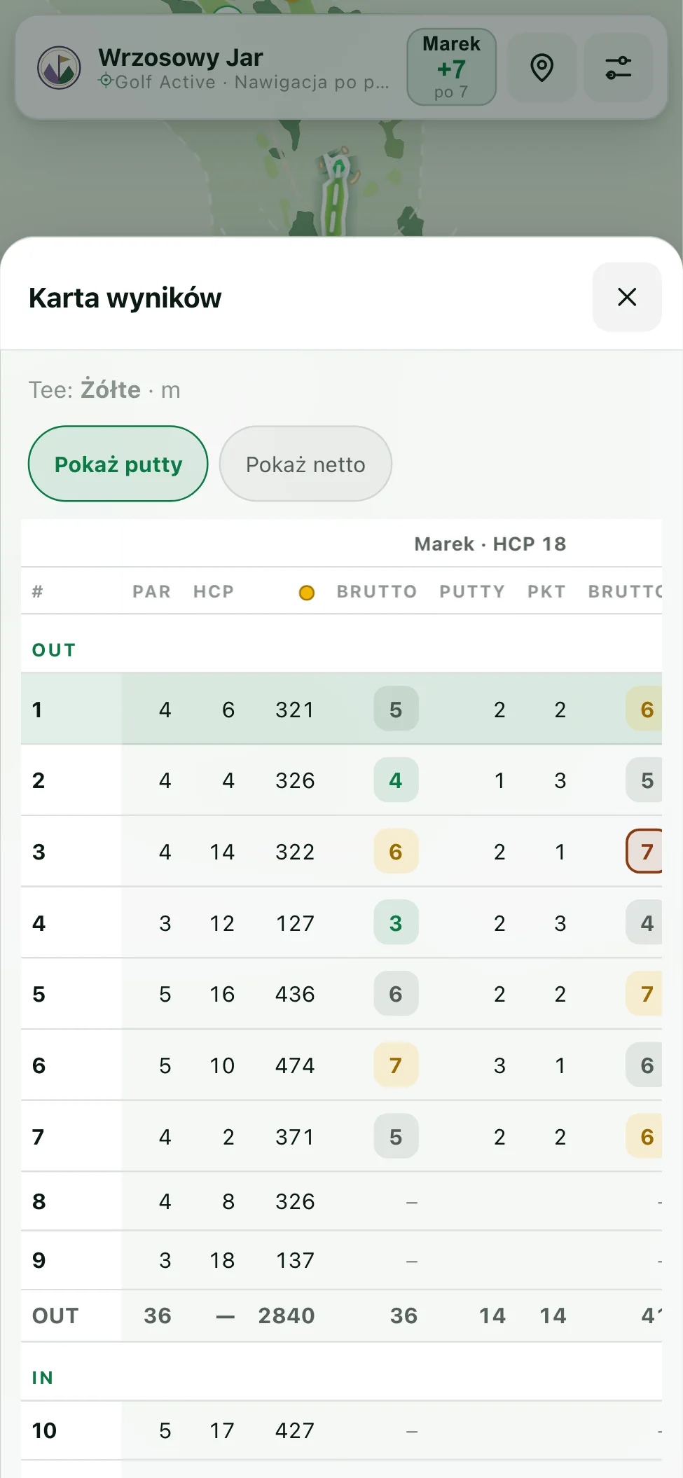 Karta wyników z parami i handicapami