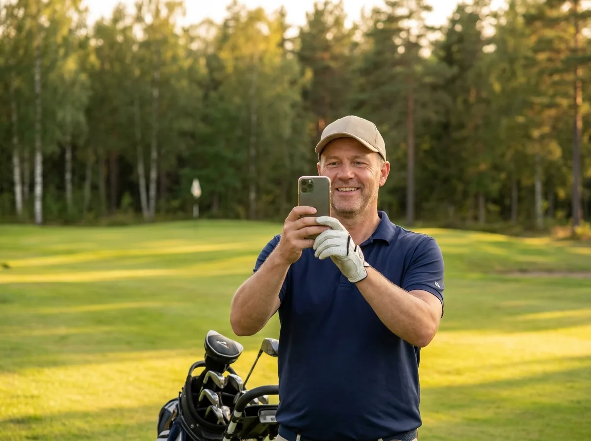 Gracz na fairwayu sprawdza odległość w telefonie