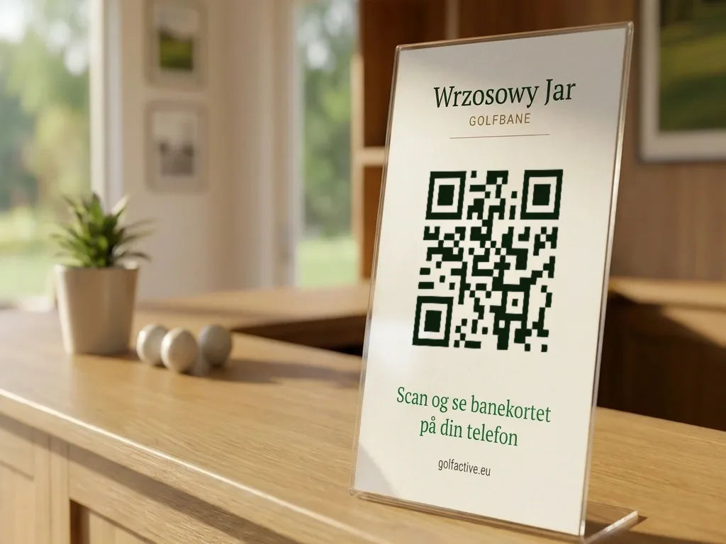 Skilt med QR-kode i en stander på disken i en golfklubs reception, med teksten „Scan og se banekortet i telefonen”.