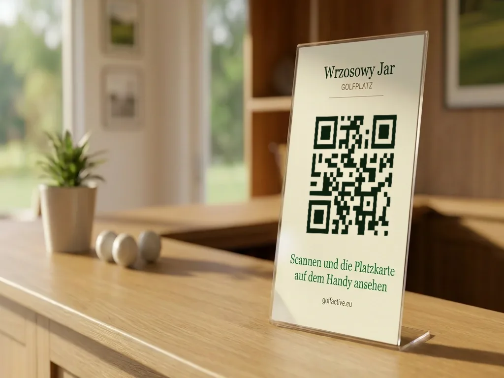Schild mit QR-Code in einem Ständer auf dem Empfangstresen eines Golfklubs, mit der Aufschrift „Scannen und die Platzkarte im Telefon ansehen“.