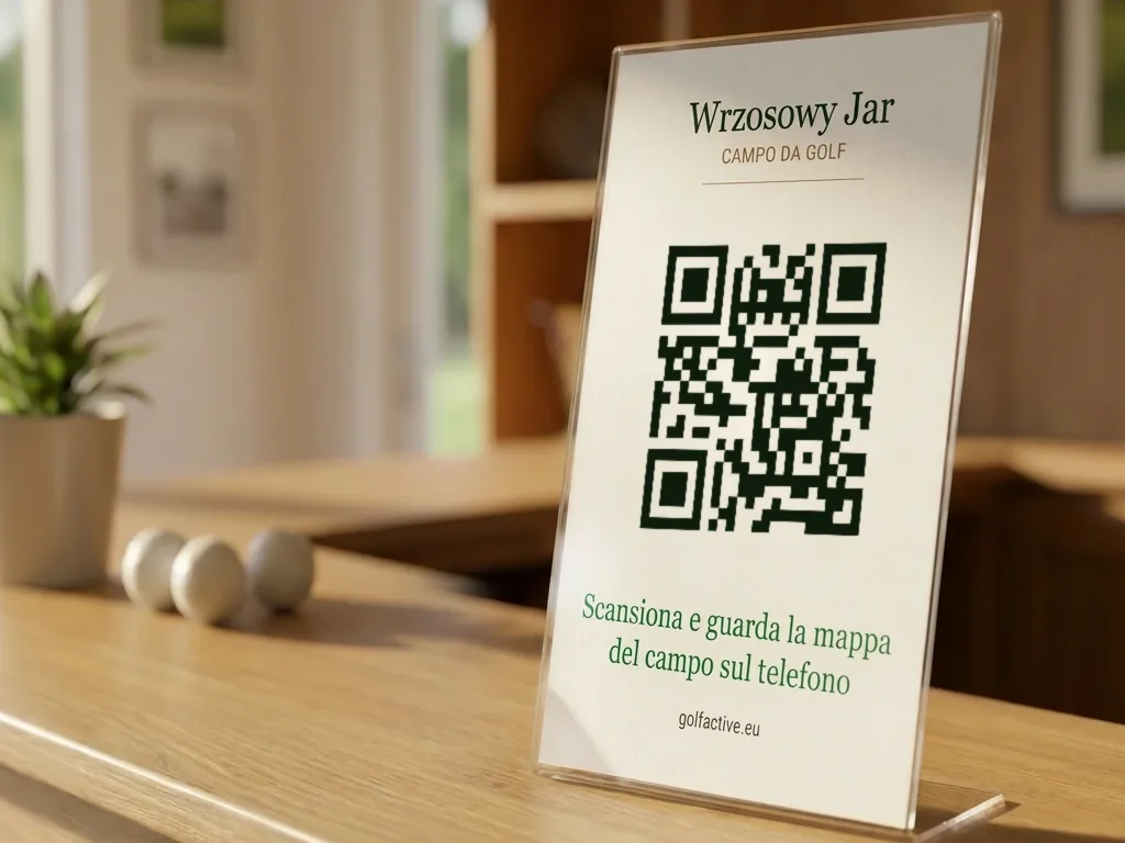 Cartellino con codice QR in un espositore sul bancone della reception di un club di golf, con la scritta «Scansiona e guarda la mappa del campo sul telefono».
