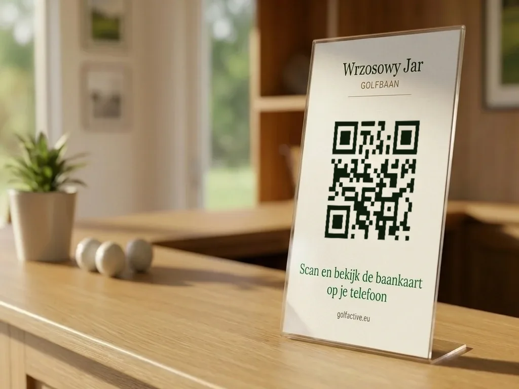 Kaartje met QR-code in een standaard op de balie van de receptie van een golfclub, met de tekst „Scan en bekijk de baankaart op je telefoon”.