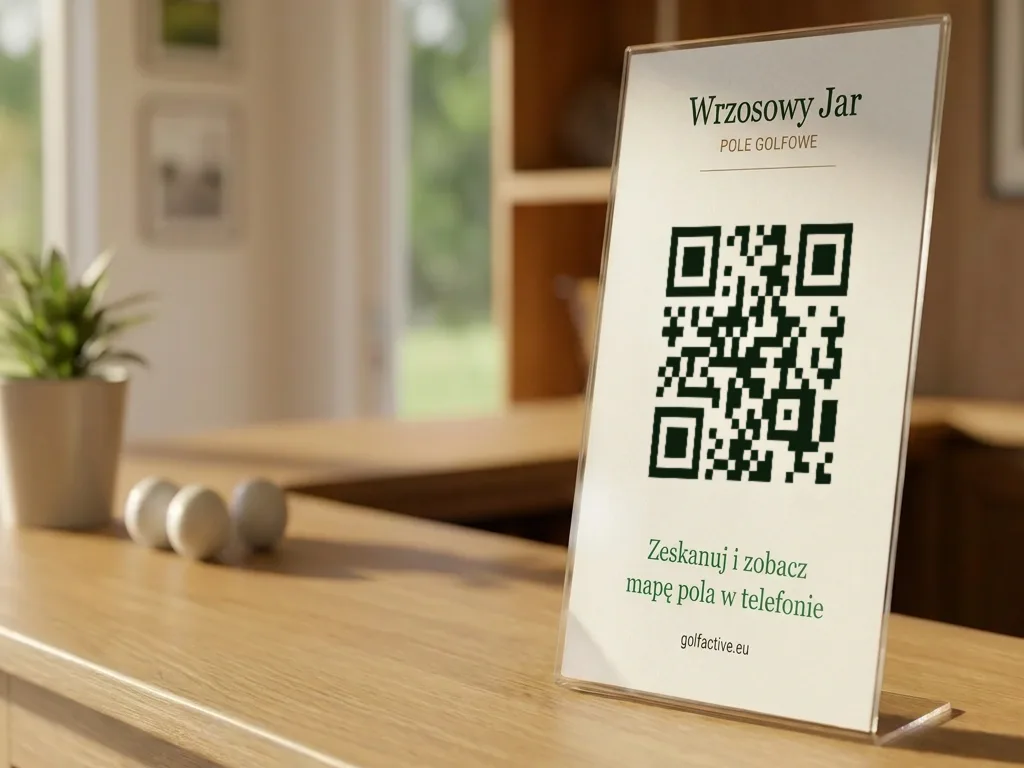 Tabliczka z kodem QR w stojaku na blacie recepcji klubu golfowego, z napisem „Zeskanuj i zobacz mapę pola w telefonie”.