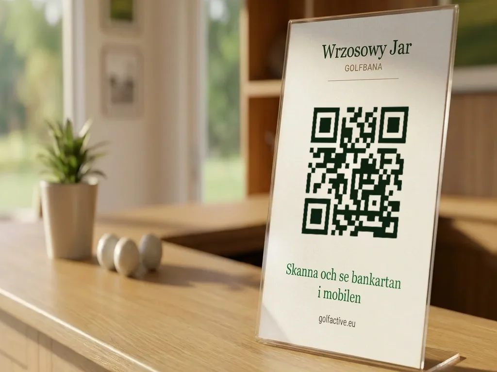 Skylt med QR-kod i ett bordsställ på receptionsdisken i en golfklubb, med texten ”Skanna och se banans karta i telefonen”.